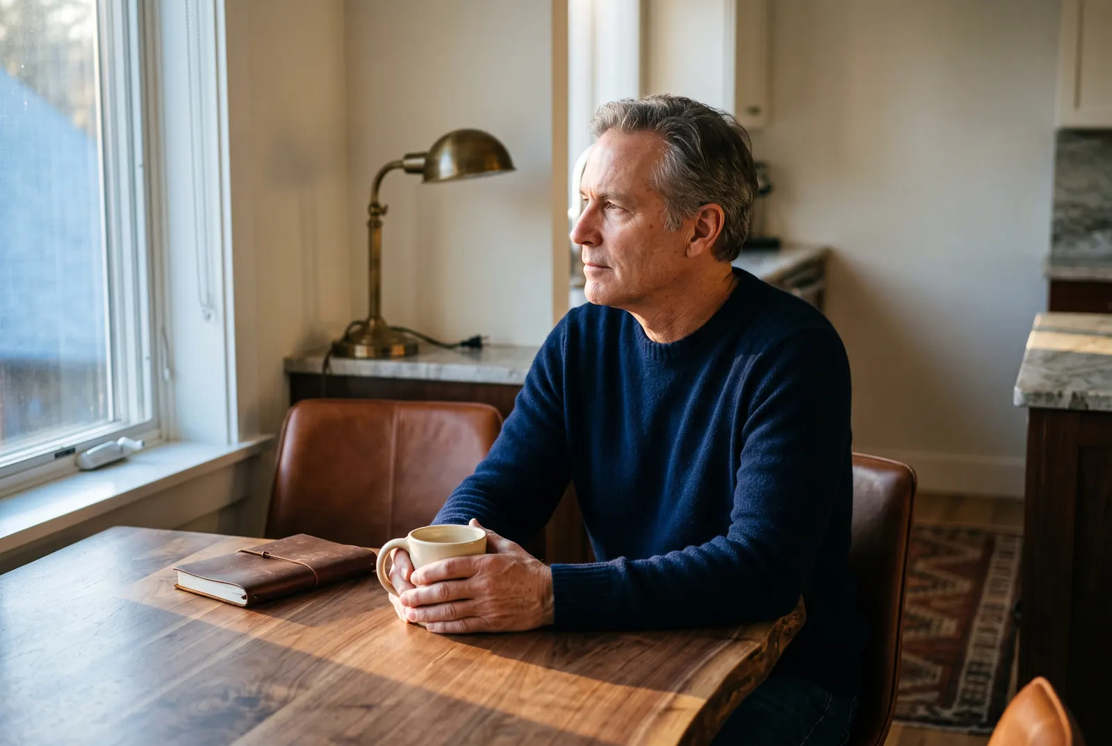 A man sits at a kitchen table at dawn holding a cup of coffee as morning light comes in