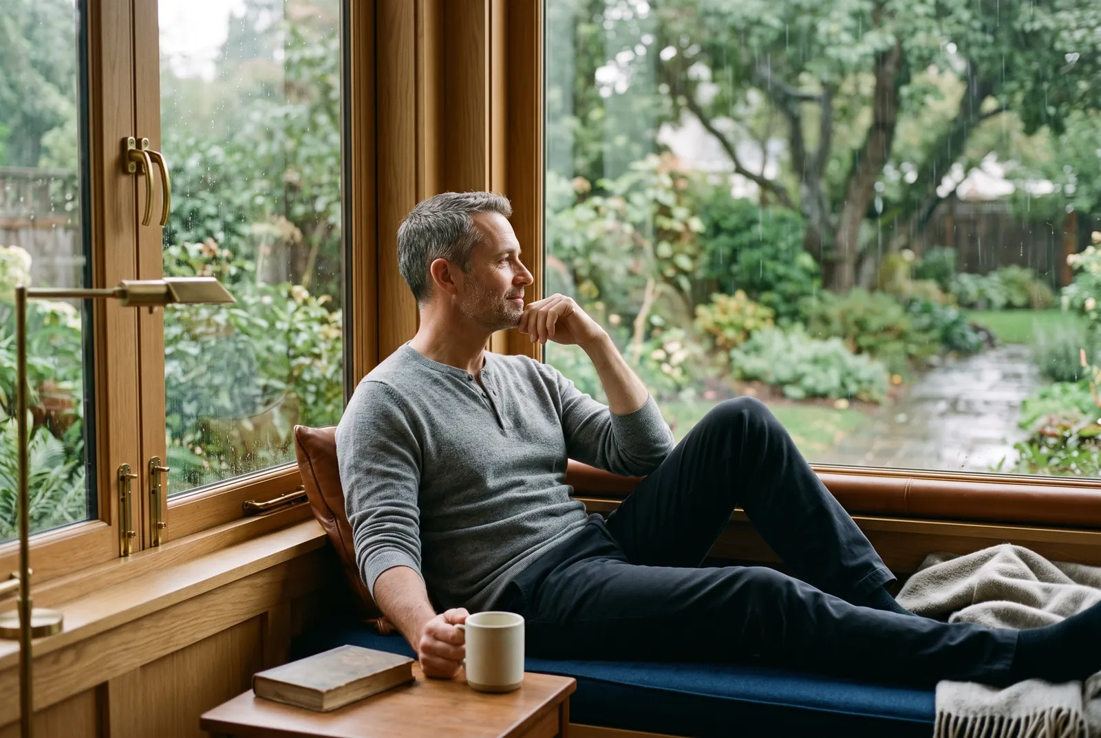 A man holding a mug looks out a rain-streaked window from a window seat